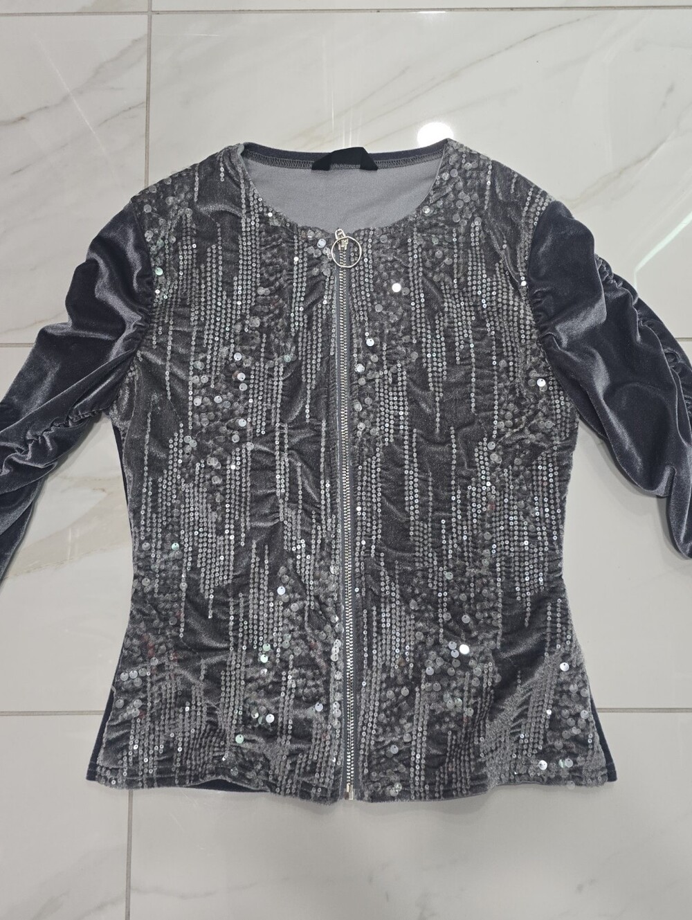 CHICME Gray Velvet Sequin Ruched Zip Up Jacket Y2K Glam S - Picture 8 of 11